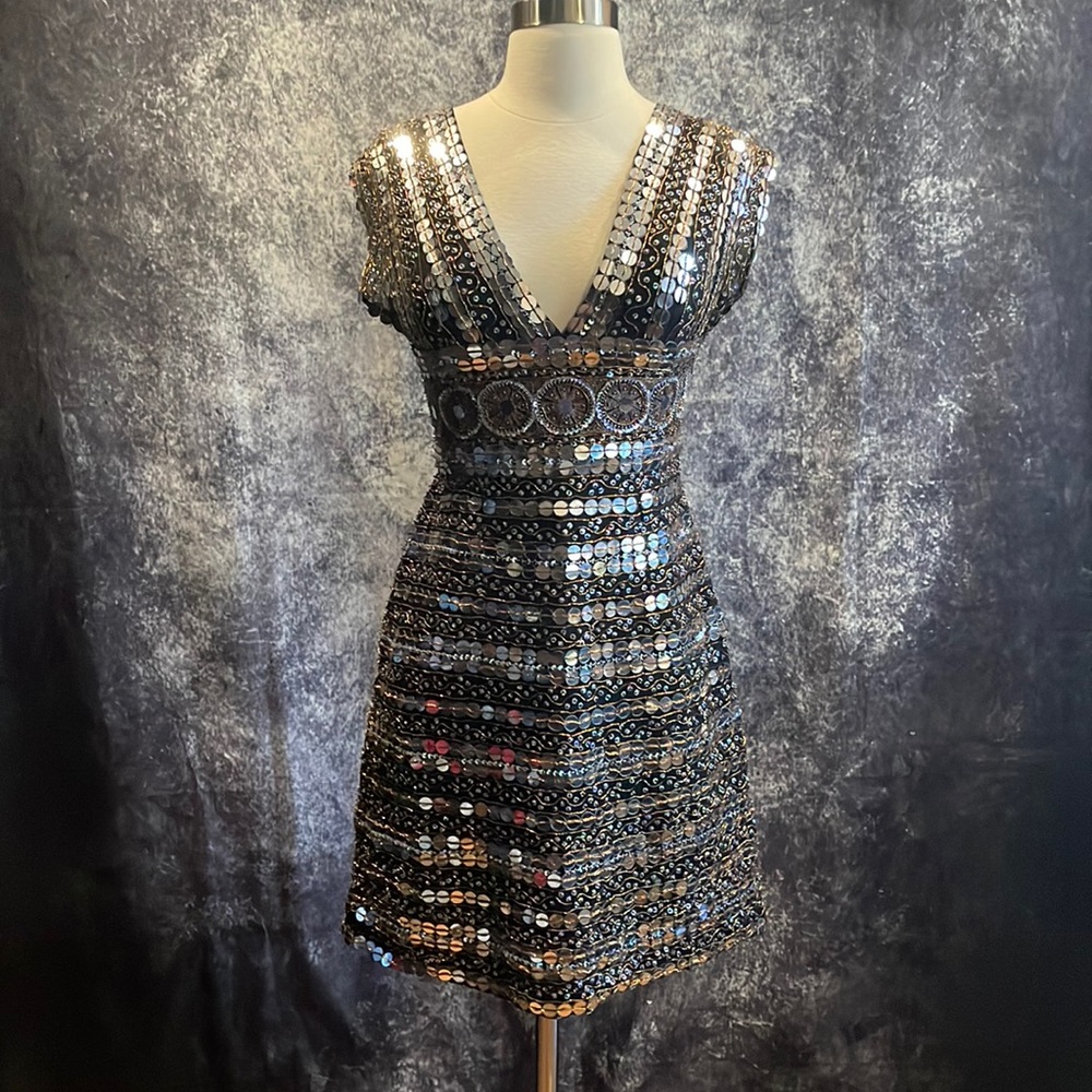 Scala black cocktail prom party dress mirror sequins metallic embroidery
